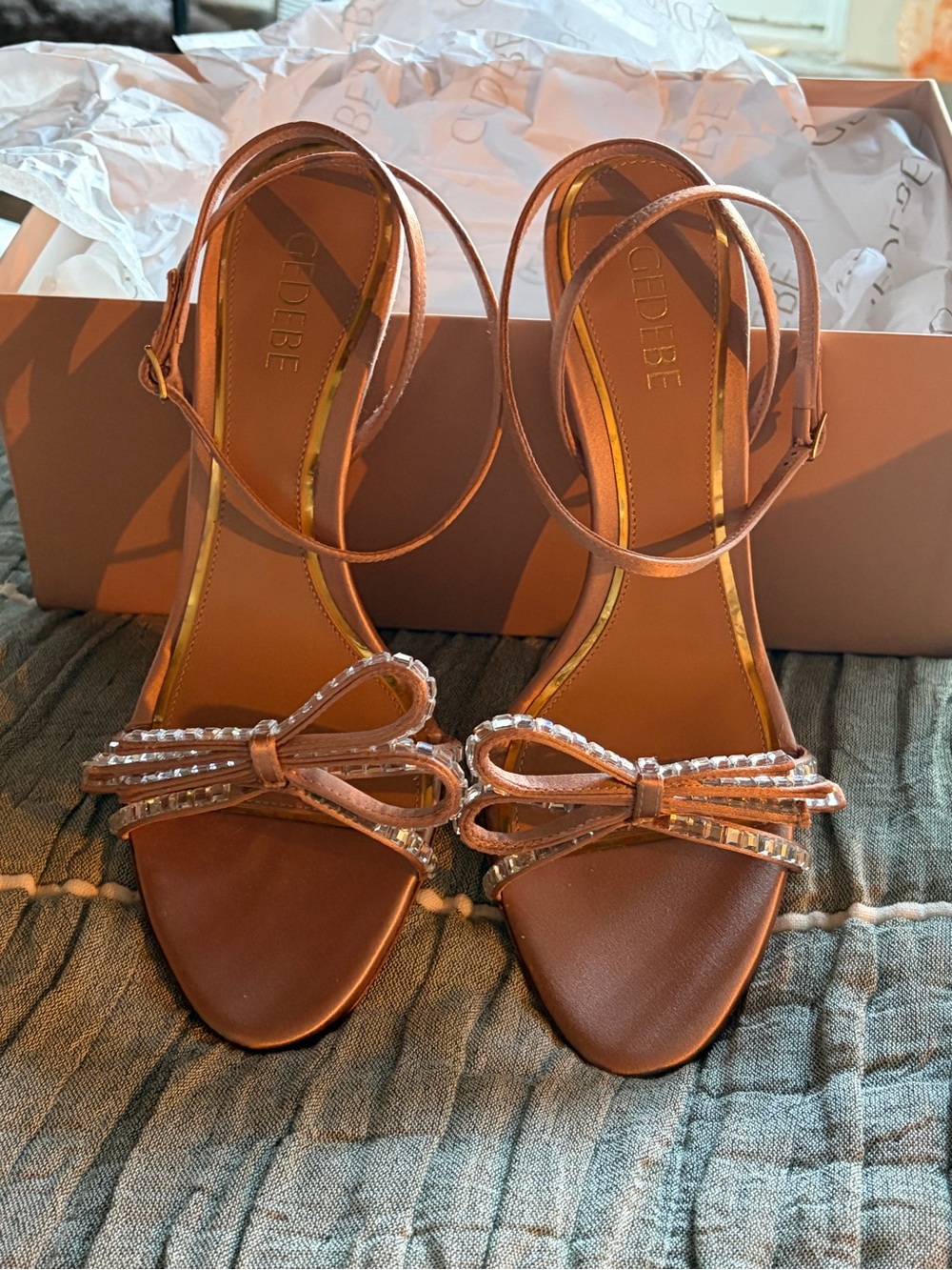 Gedebe Tan Bow-Ankle Strap Crystal-Trim Heels
